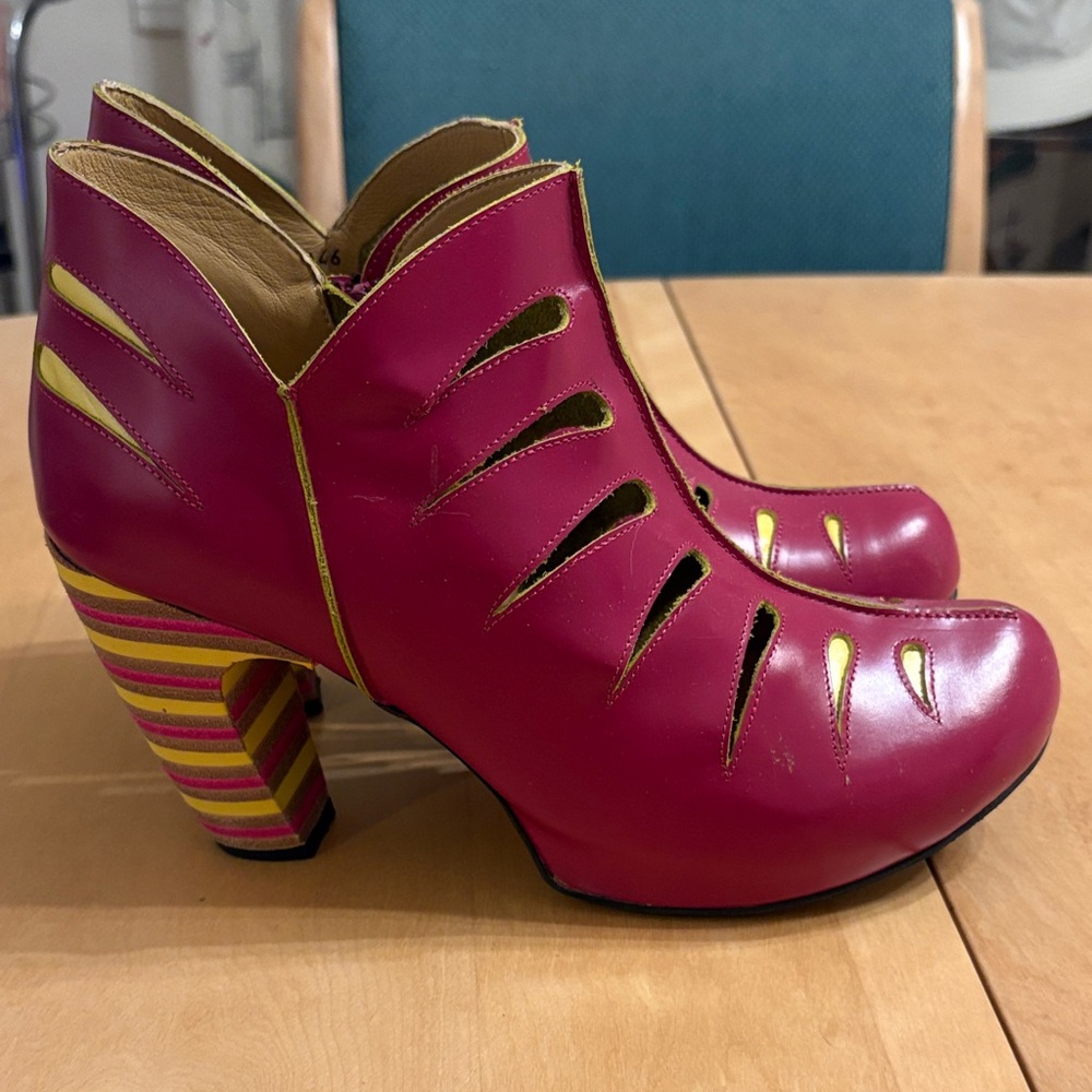 John Fluevog Modotti Booties in Pink & Yellow. Size 8.5